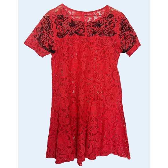 FREE PEOPLE Beautiful Dreamer Red Lace Short Sleeve Dress Size Small - Picture 5 of 7
